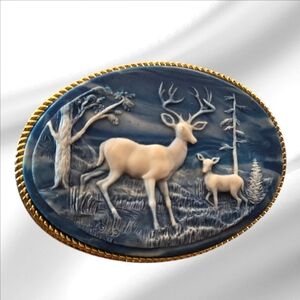 Vintage blue and off white Incolay carved belt buckle, unisex, 70's/80's